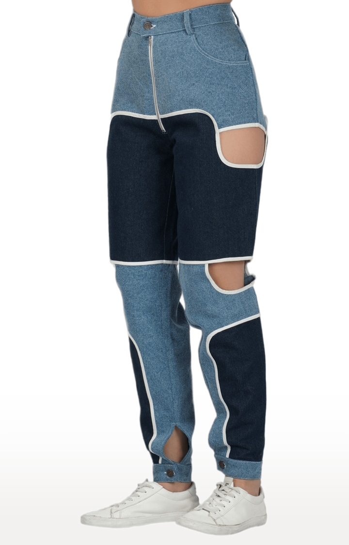 Women's Blue Denim Colourblock Relaxed Jeans