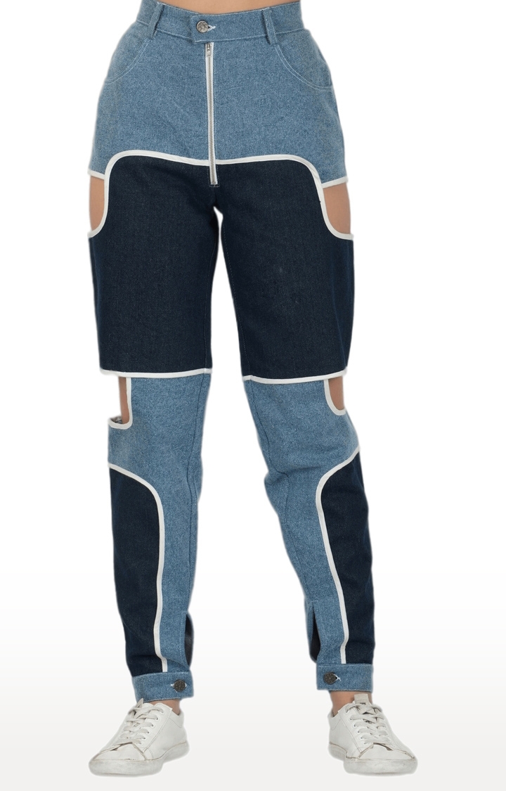 SLAY | Women's Blue Denim Colourblock Relaxed Jeans