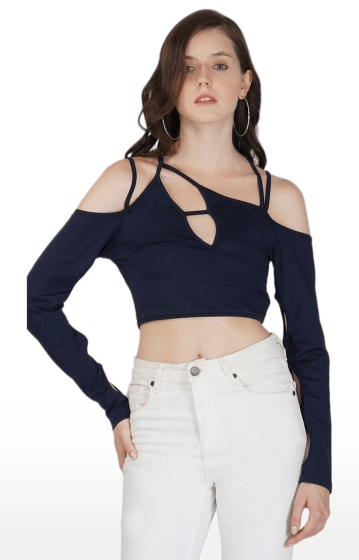 Women's Blue Solid Polyester Crop Top