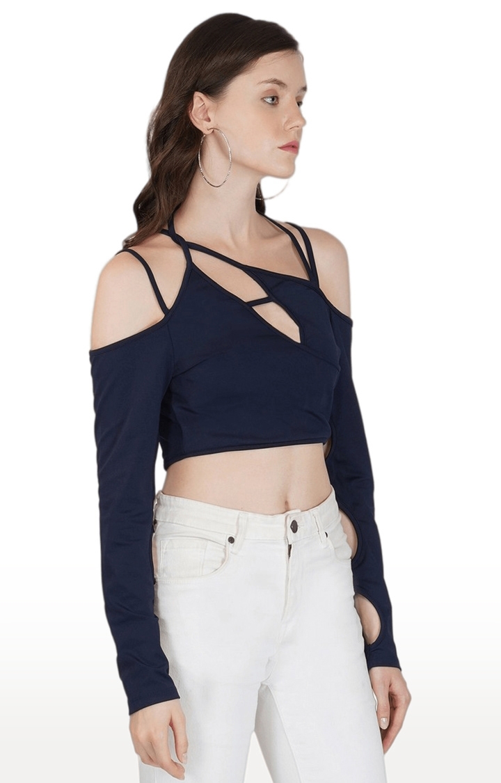 SLAY | Women's Blue Solid Polyester Crop Top