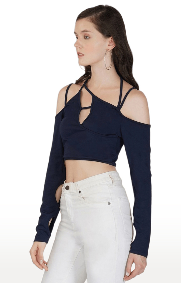 Women's Blue Solid Polyester Crop Top