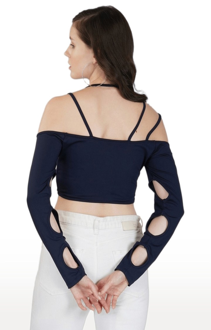 Women's Blue Solid Polyester Crop Top