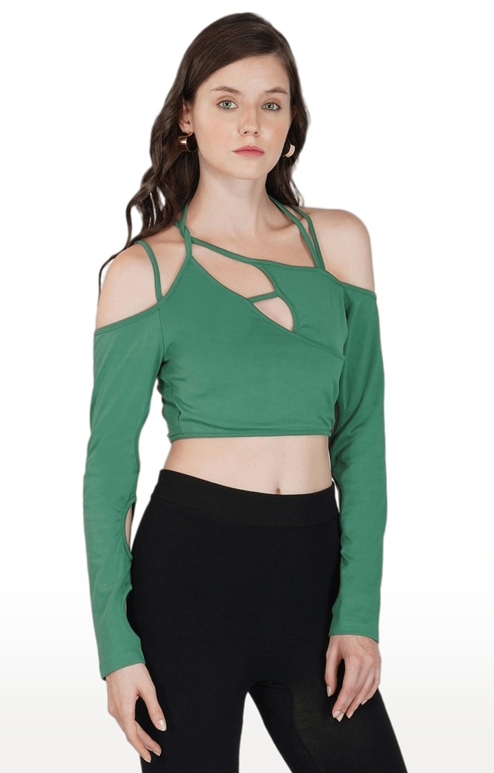 Women's Green Solid Polyester Crop Top