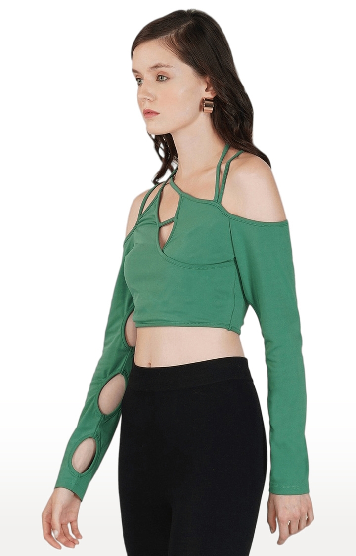 Women's Green Solid Polyester Crop Top