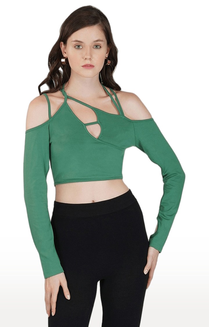 Women's Green Solid Polyester Crop Top