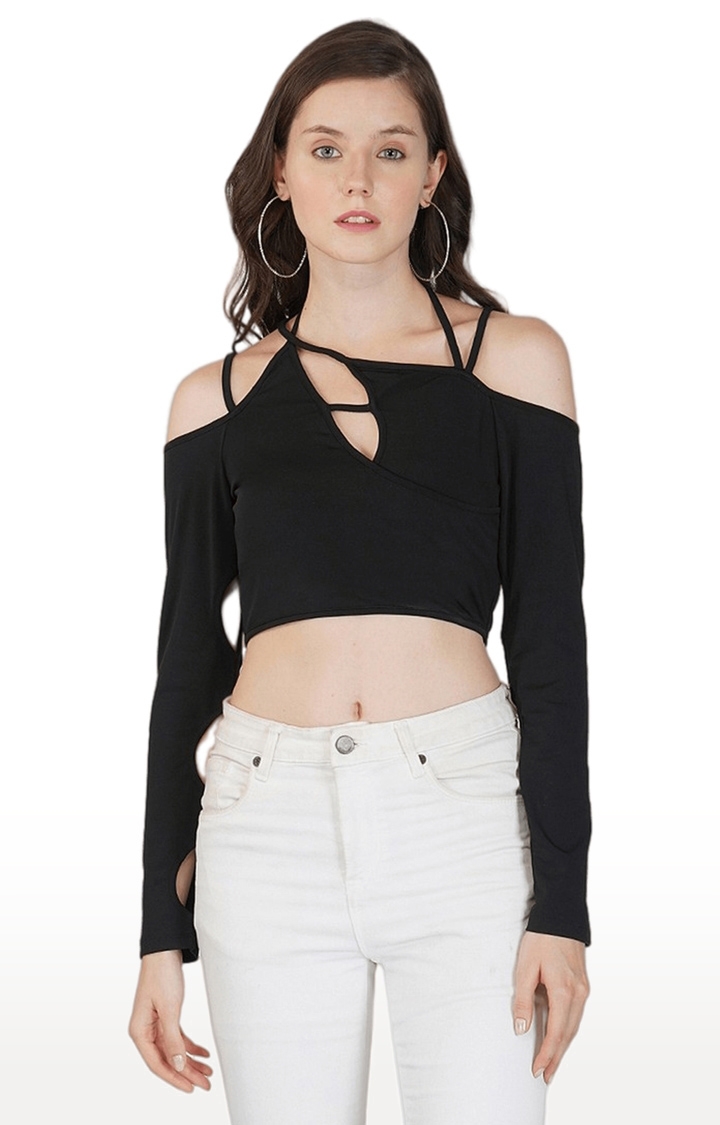 SLAY | Women's Black Solid Polyester Crop Top