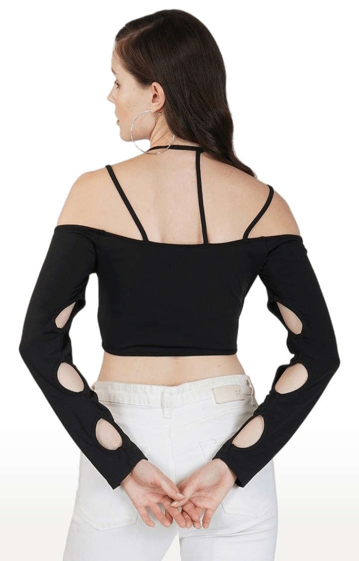 Women's Black Solid Polyester Crop Top