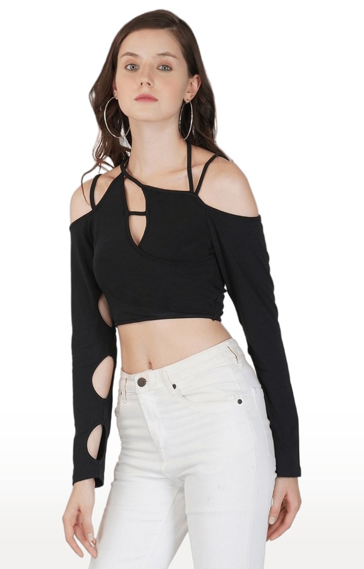 Women's Black Solid Polyester Crop Top