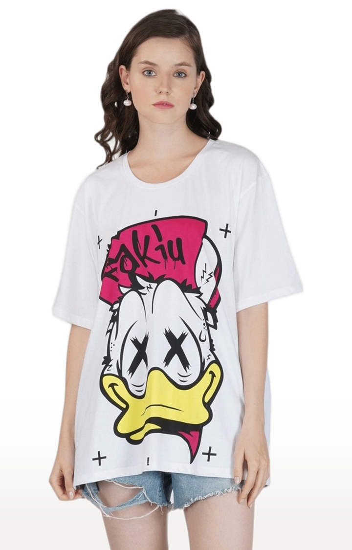 SLAY | Women's White Graphics Polyester Oversized T-Shirts