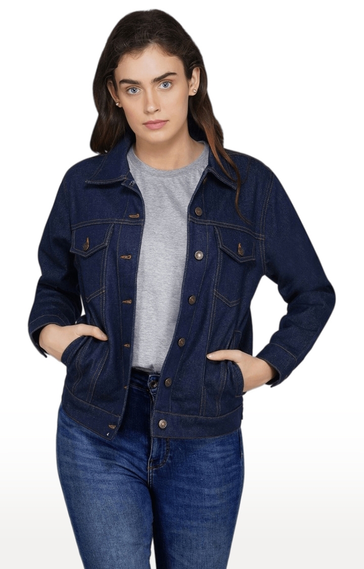 SLAY | Women's Blue Solid Denim Denim Jackets