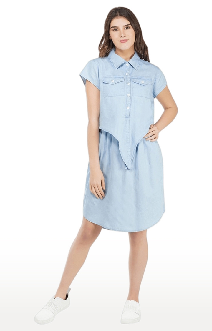 SLAY | Women's Blue Solid Denim Fit & Flare Dress