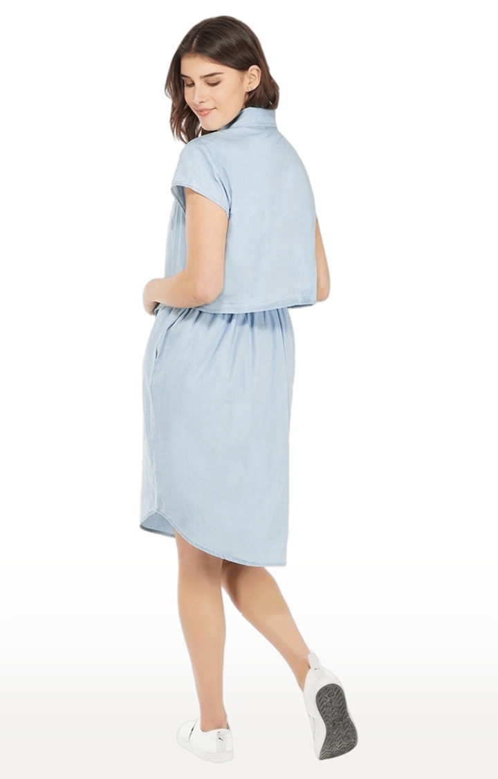 Women's Blue Solid Denim Fit & Flare Dress