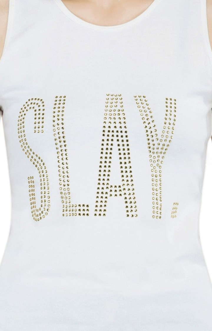 Women's White Embellished Satin Tank Top