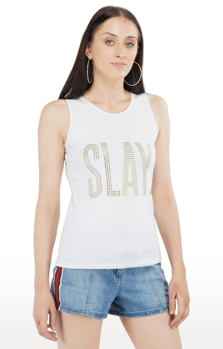 SLAY | Women's White Embellished Satin Tank Top