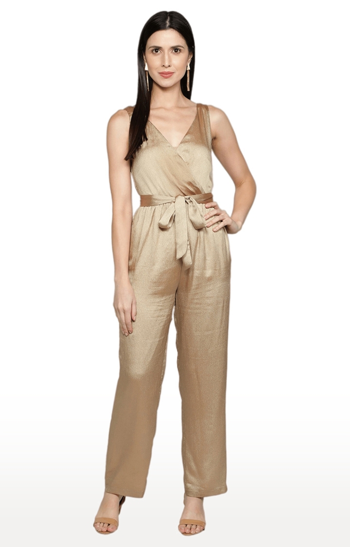 SLAY | Women Gold Poly Shimmer Jumpsuit with waist belt