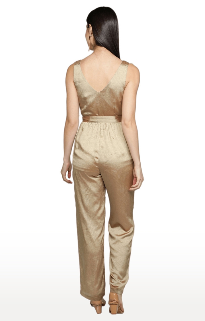 Women Gold Poly Shimmer Jumpsuit with waist belt