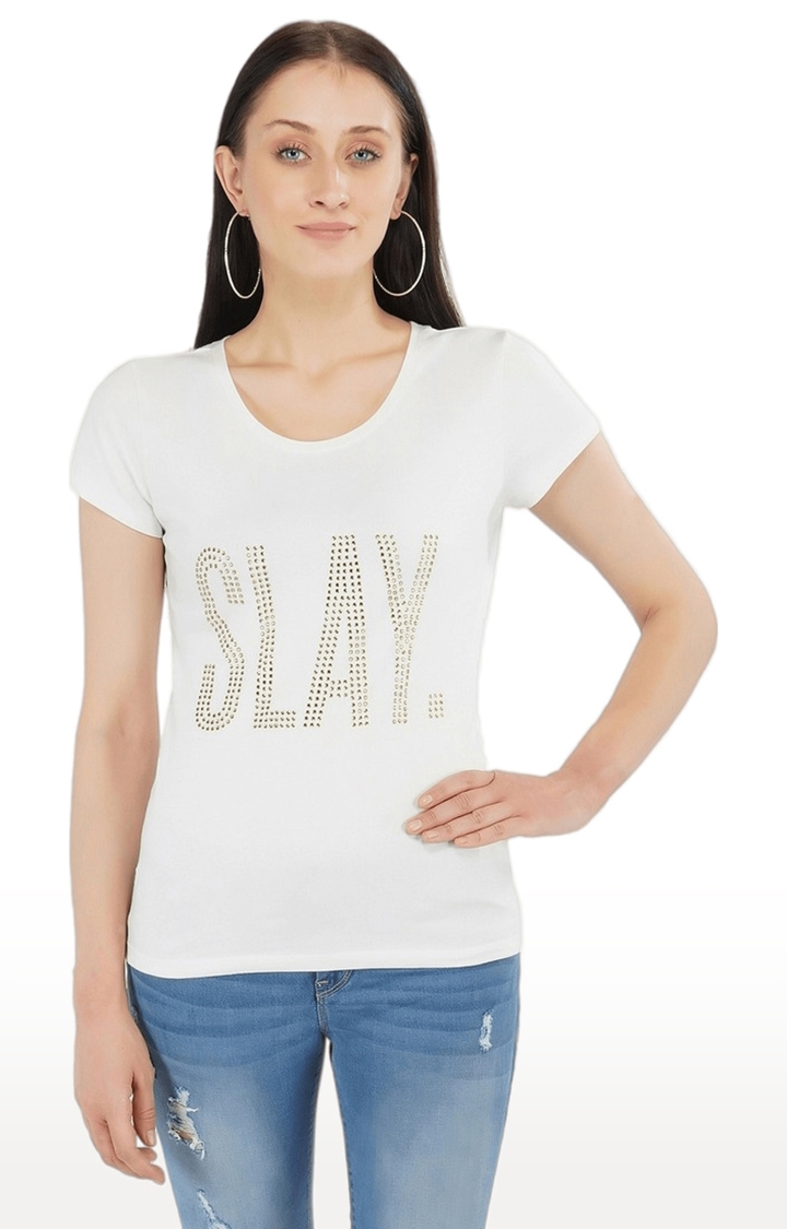 SLAY | Women's White Embellished Cotton Regular T-Shirts