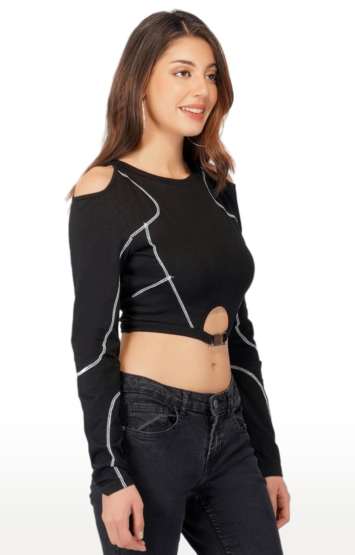 Women's Black Solid Polyester Crop Top