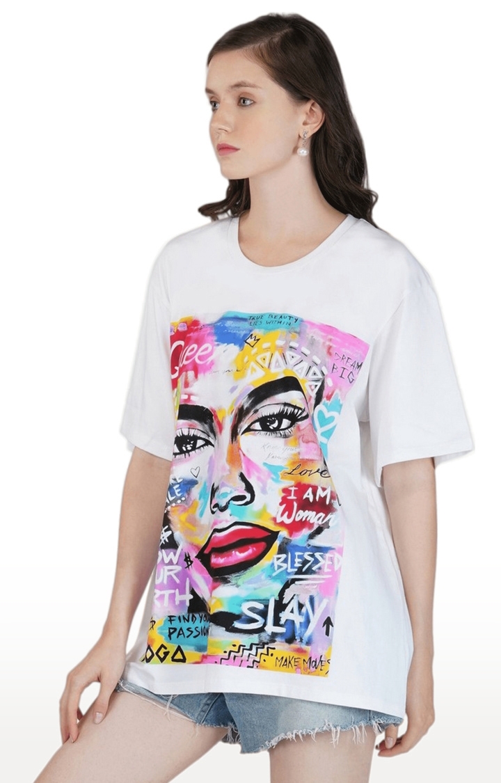 SLAY | Women's White Graphics Cotton Oversized T-Shirts