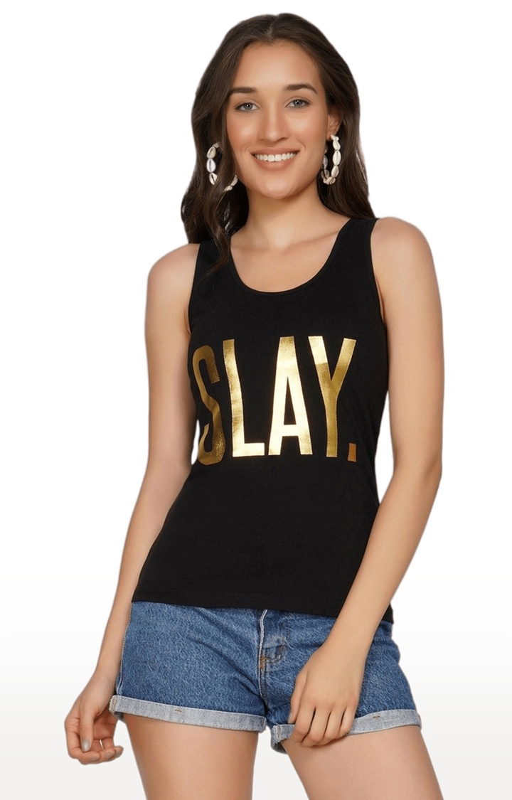 SLAY | Women's Black Typographic Cotton Tank Top