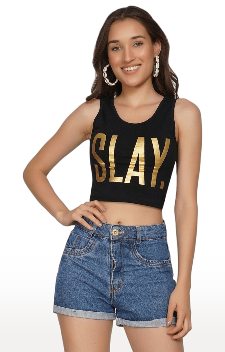 SLAY | Women's Black Typographic Cotton Crop Top