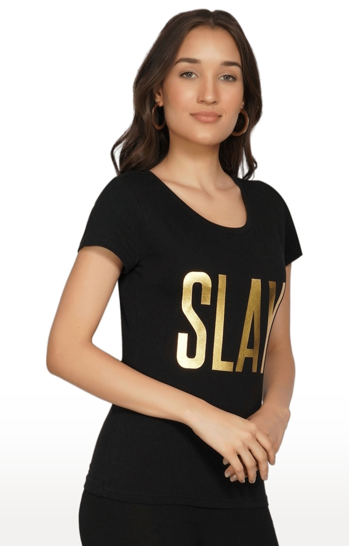 Women's Black Typographic Cotton Regular T-Shirts