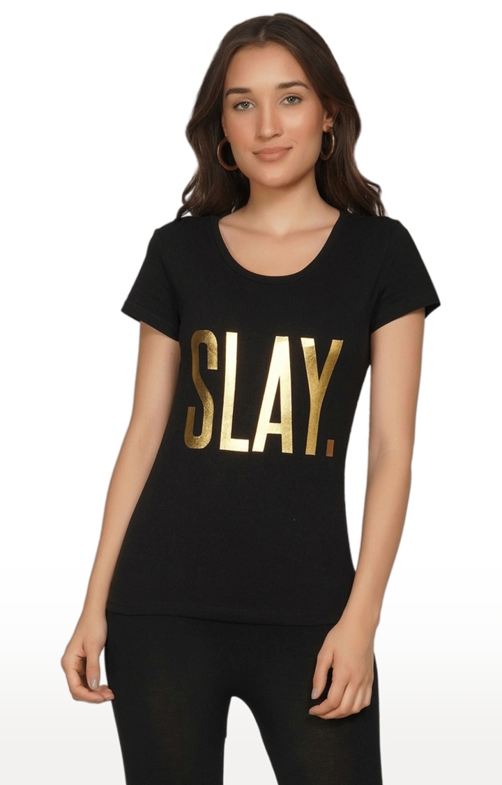 Women's Black Typographic Cotton Regular T-Shirts