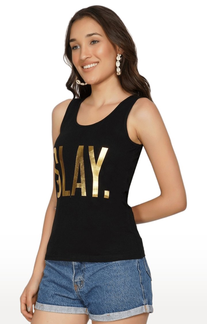 Women's Black Typographic Satin Tank Top