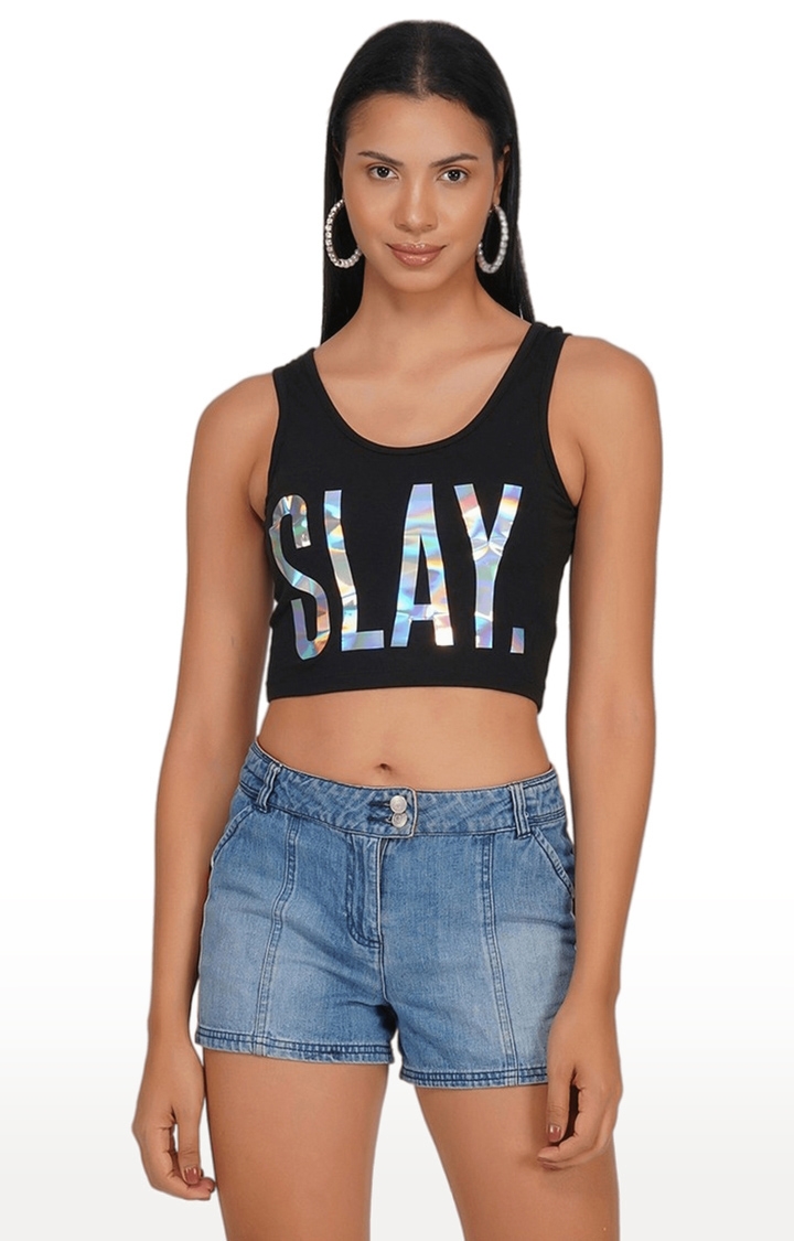 SLAY | Women's Black Typographic Cotton Crop Top