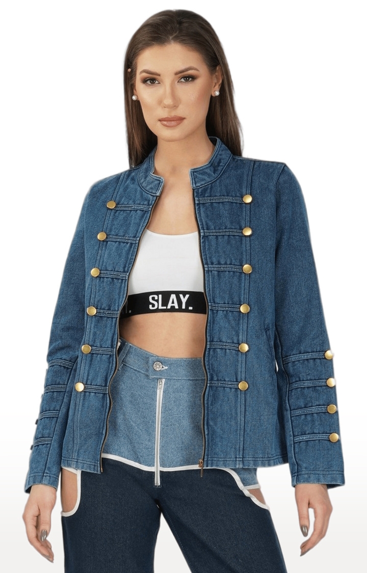 SLAY | Women's Blue Solid Cotton Denim Jackets