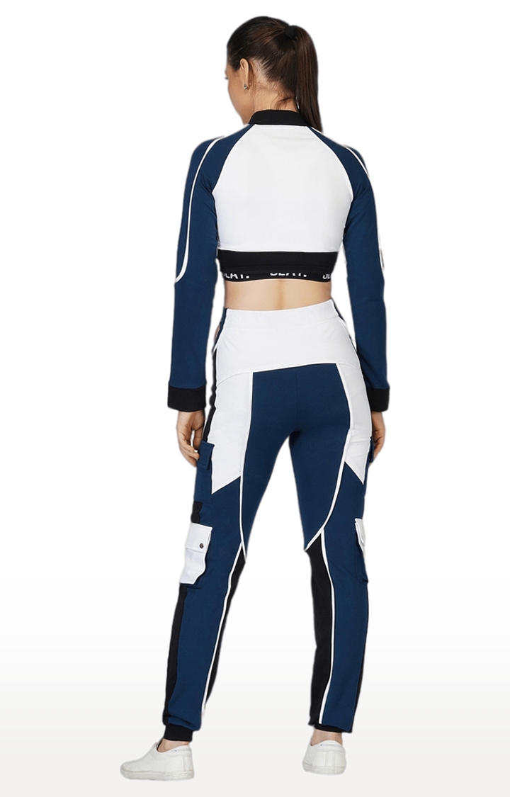 Women Activewear Tracksuit Blue Colorblock Crop Jacket &  High Waist Cargo Pants Co-ord Set Streetwear