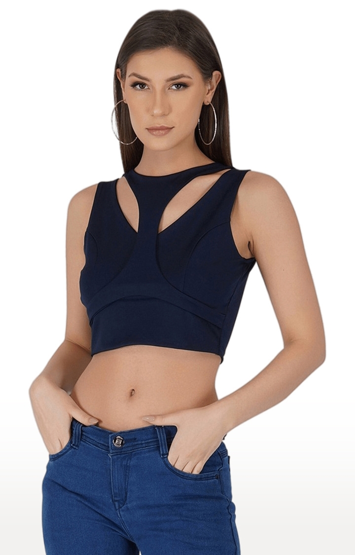 SLAY | Women's Blue Solid Cotton Crop Top