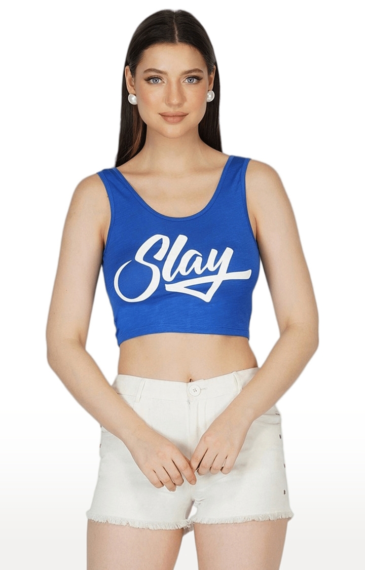 SLAY | Women's Blue Typographic Cotton Crop Top