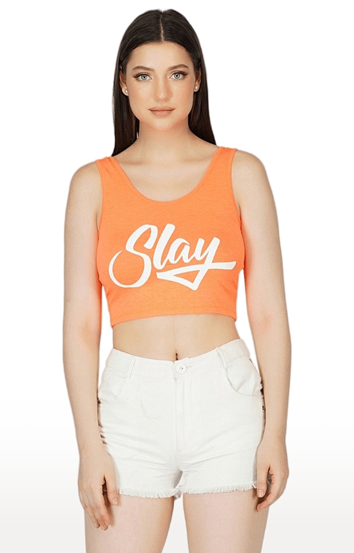 SLAY | Women's Orange Typographic Cotton Crop Top