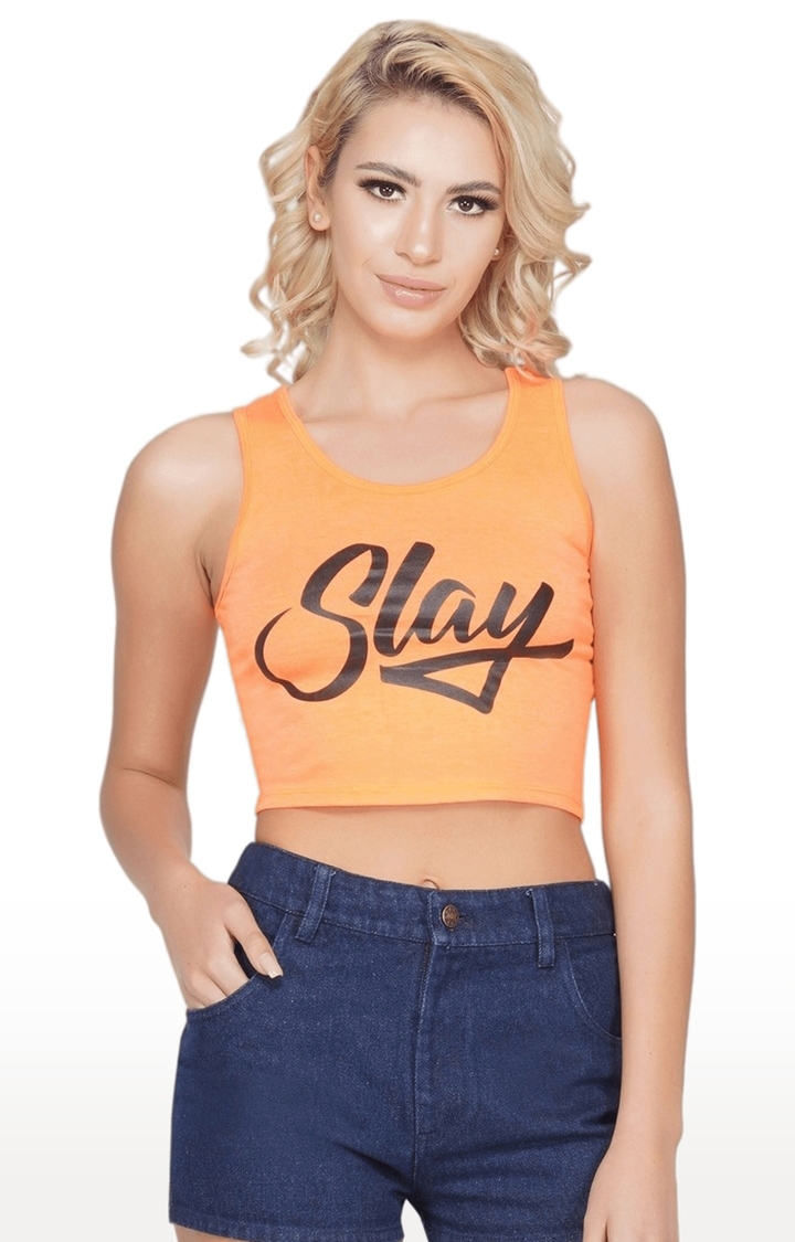SLAY | Women's Orange Typographic Cotton Crop Top