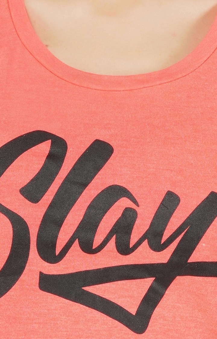 Women's Pink Typographic Denim Regular T-Shirts