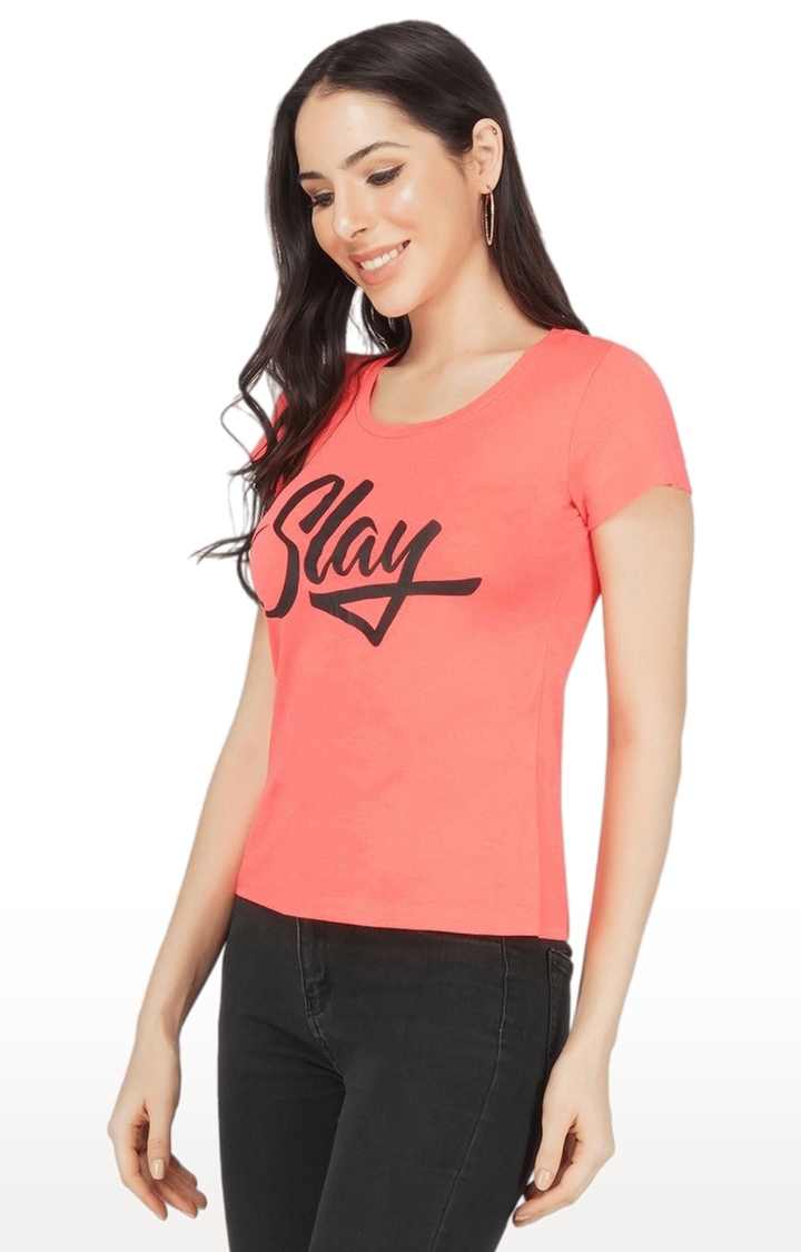 Women's Pink Typographic Denim Regular T-Shirts