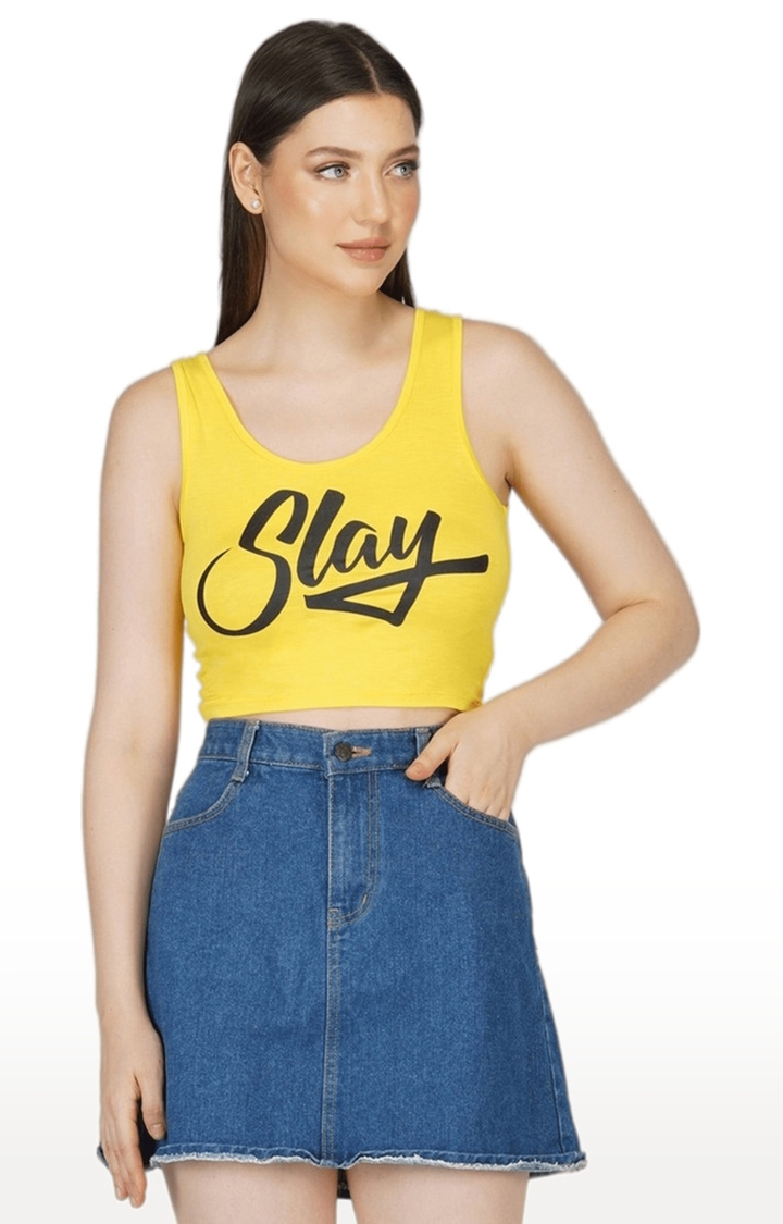 SLAY | Women's Yellow Typographic Cotton Crop Top