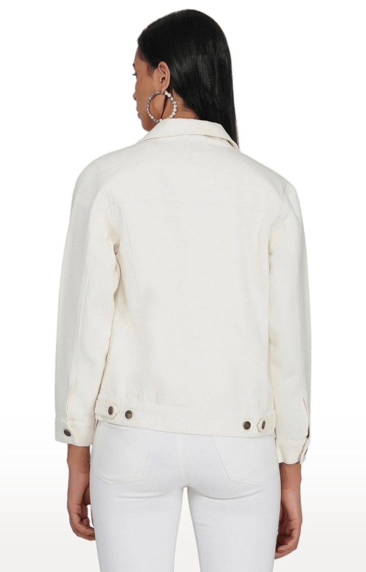 Women's White Solid Denim Denim Jackets