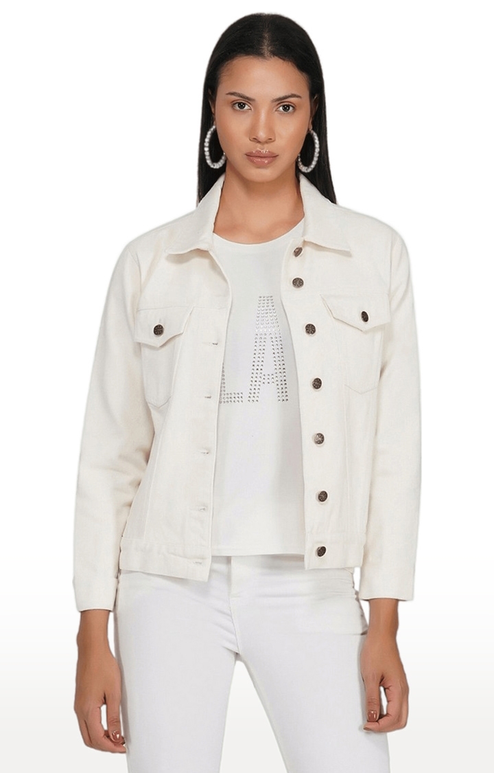 Women's White Solid Denim Denim Jackets