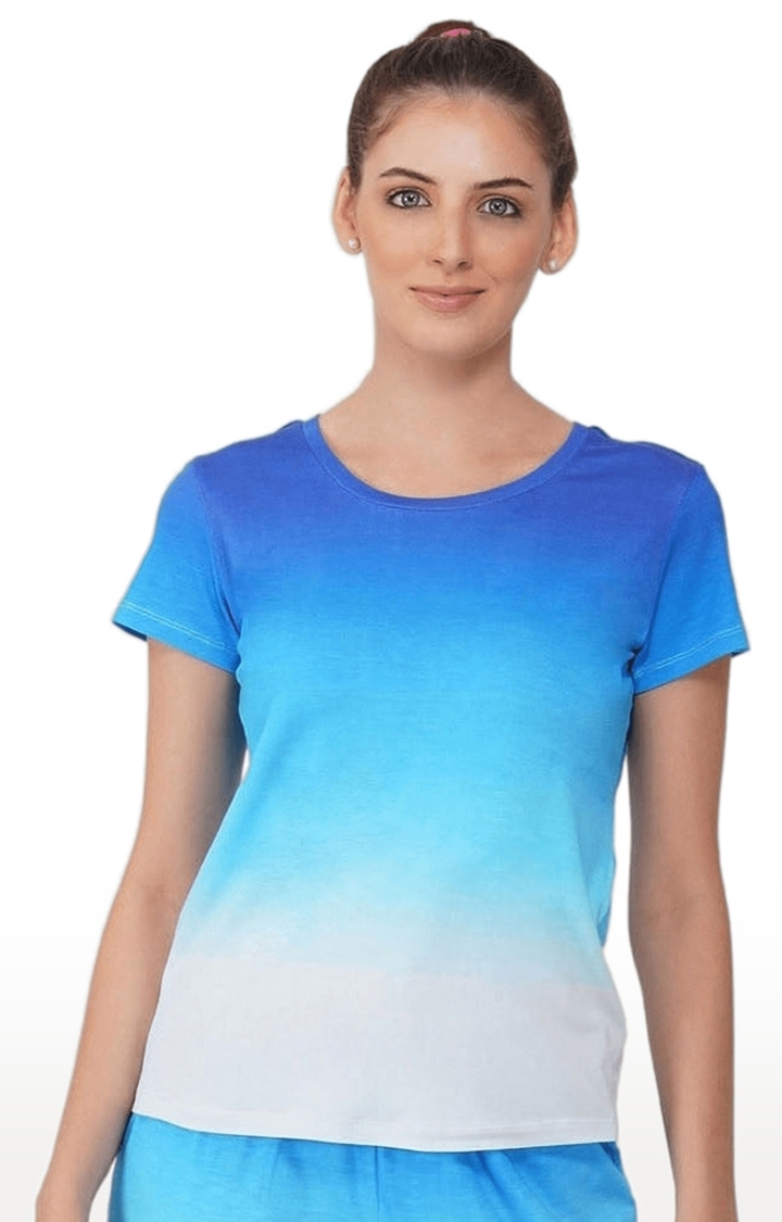 Women's Blue Tie Dye Denim Regular T-Shirts