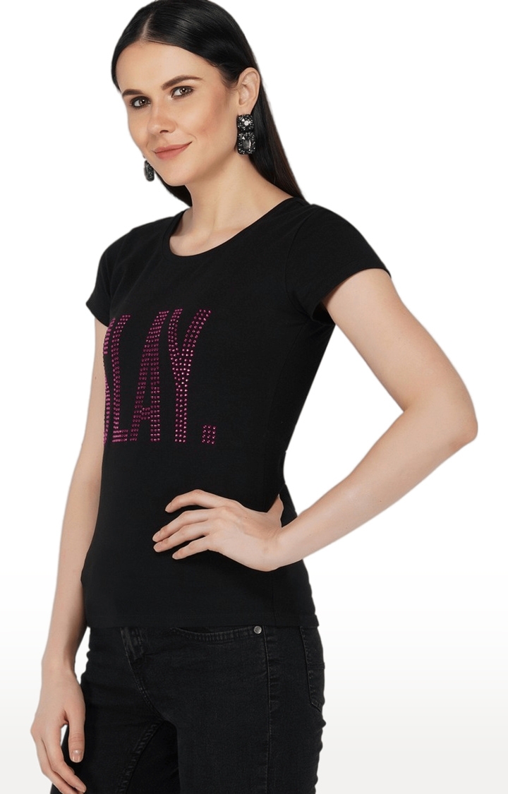Women's Black Embellished Cotton Regular T-Shirts