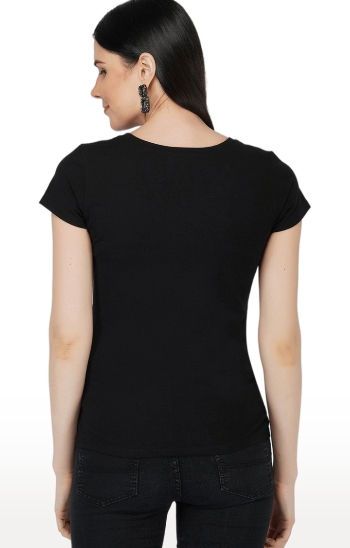 Women's Black Embellished Cotton Regular T-Shirts
