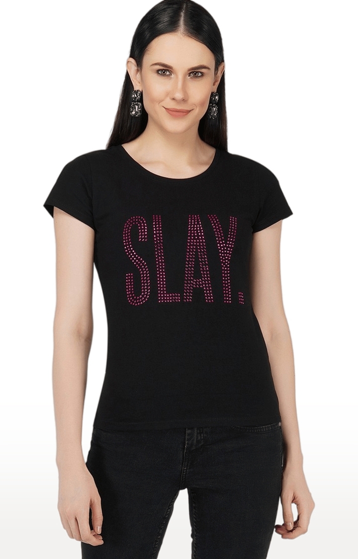 SLAY | Women's Black Embellished Cotton Regular T-Shirts