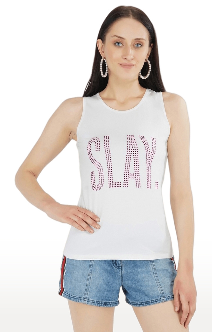 SLAY | Women's White Embellished Satin Tank Top