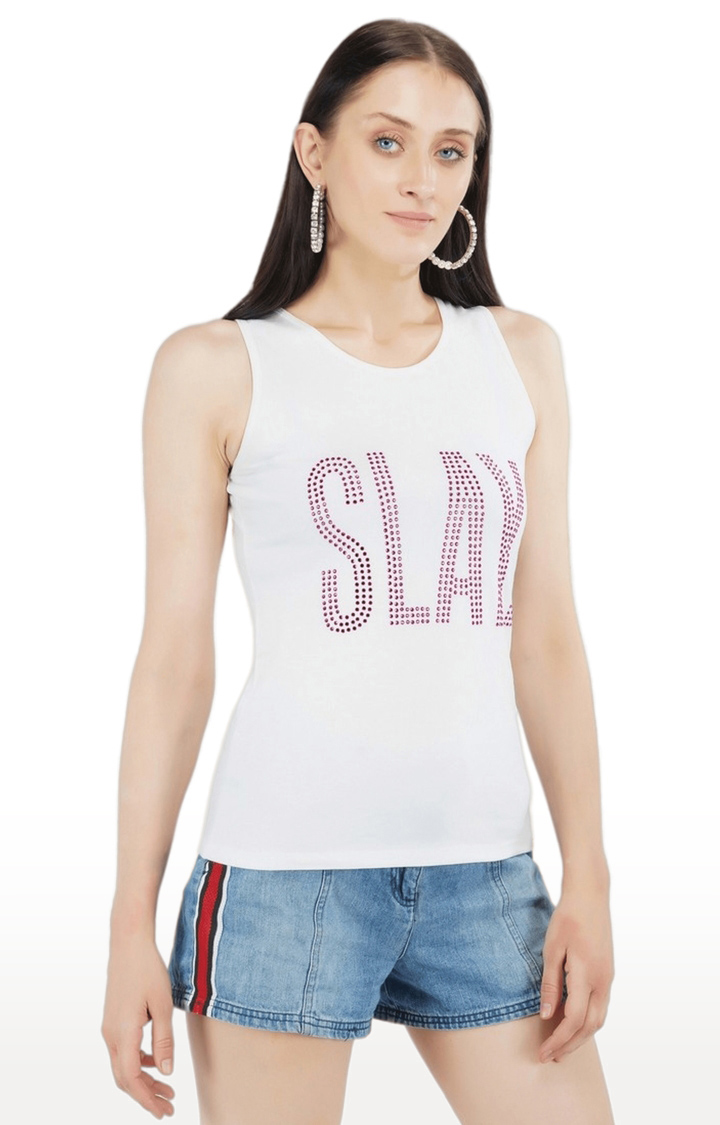 Women's White Embellished Satin Tank Top