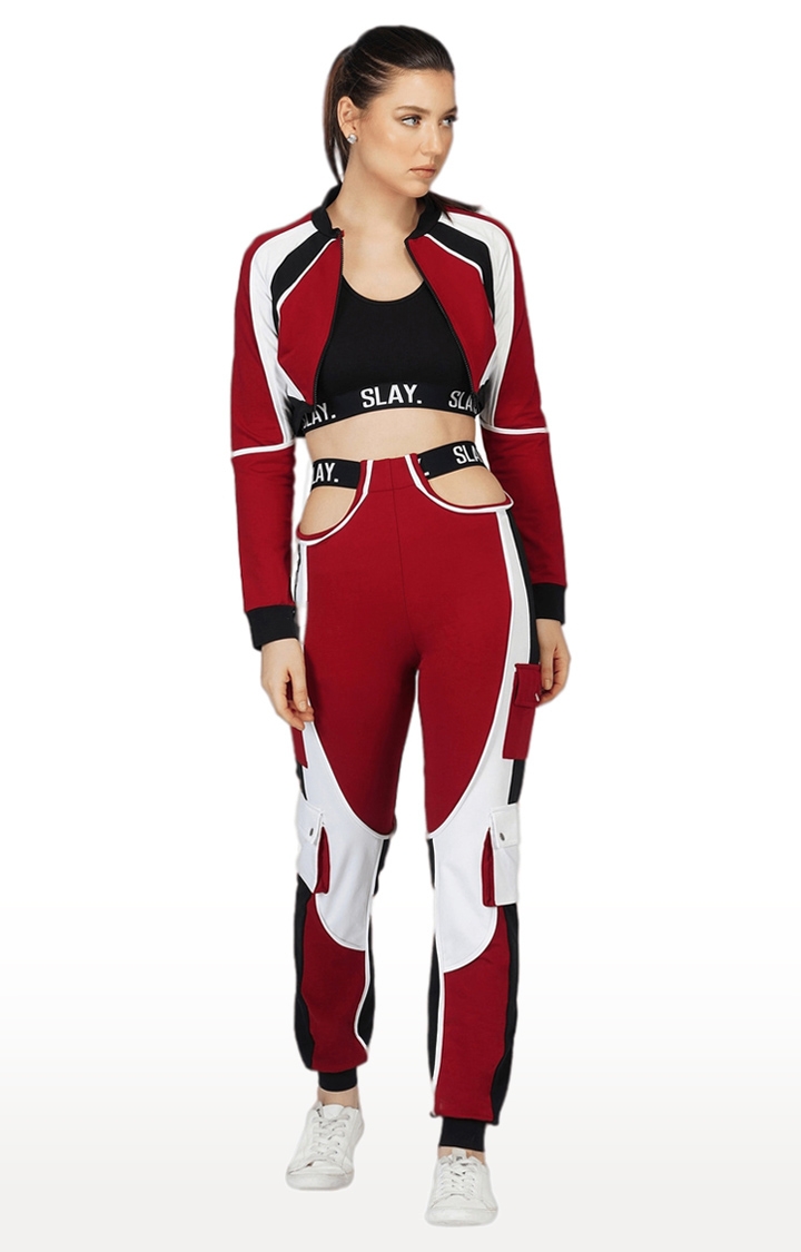 SLAY | Women Activewear Tracksuit Red Colorblock Crop Jacket & High waist Cargo Pants Co-ord set Streetwear