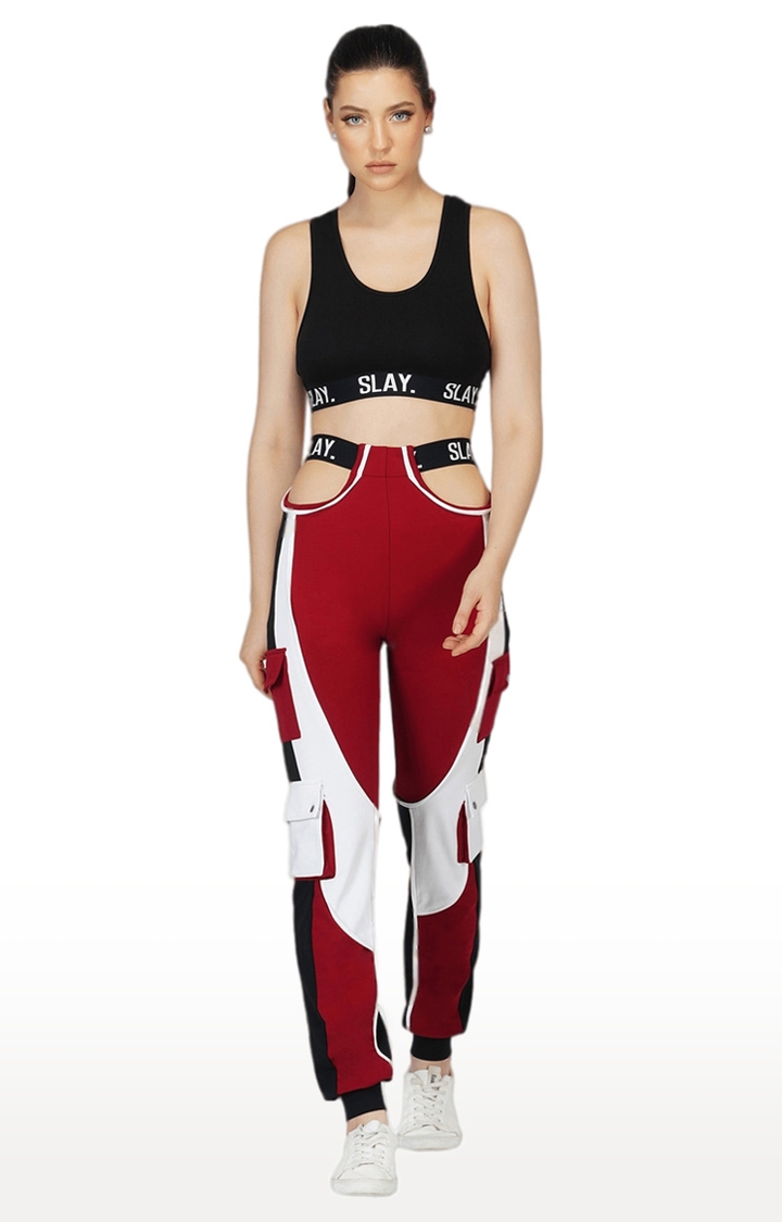 Women Activewear Tracksuit Red Colorblock Crop Jacket & High waist Cargo Pants Co-ord set Streetwear