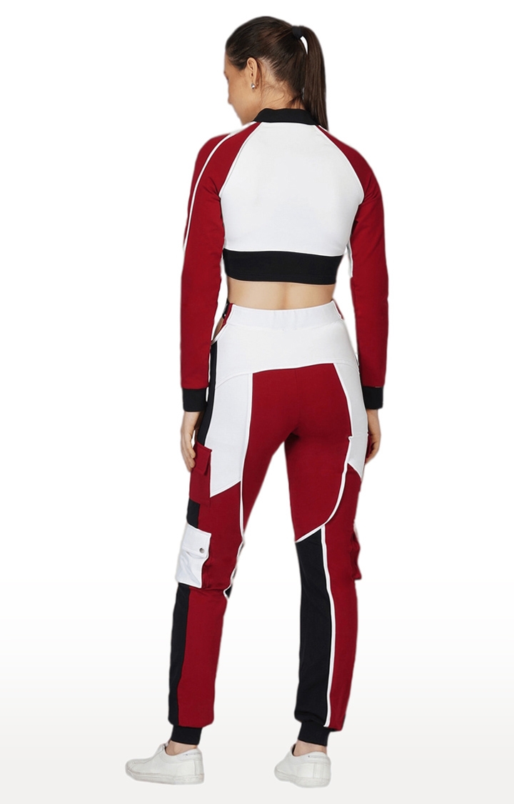 Women Activewear Tracksuit Red Colorblock Crop Jacket & High waist Cargo Pants Co-ord set Streetwear