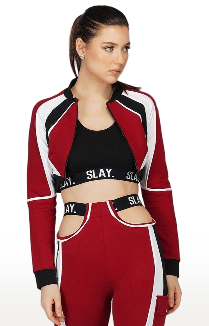 SLAY | Women's Red Colourblock Satin Varsity Jackets